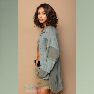 POL Clothing Button Down Shirt Layering Sage Lightweight Slub Fabric